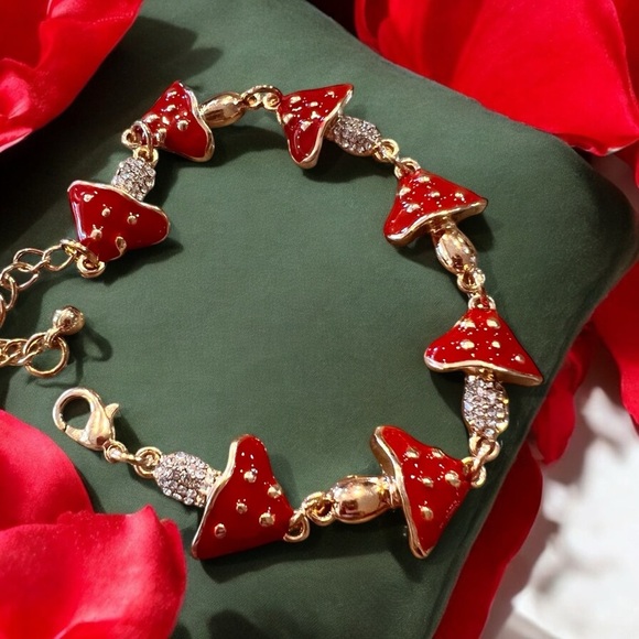 Mushroom bracelet adjustable red and gold enamel bracelet Toadstool rhinestones - Picture 3 of 17
